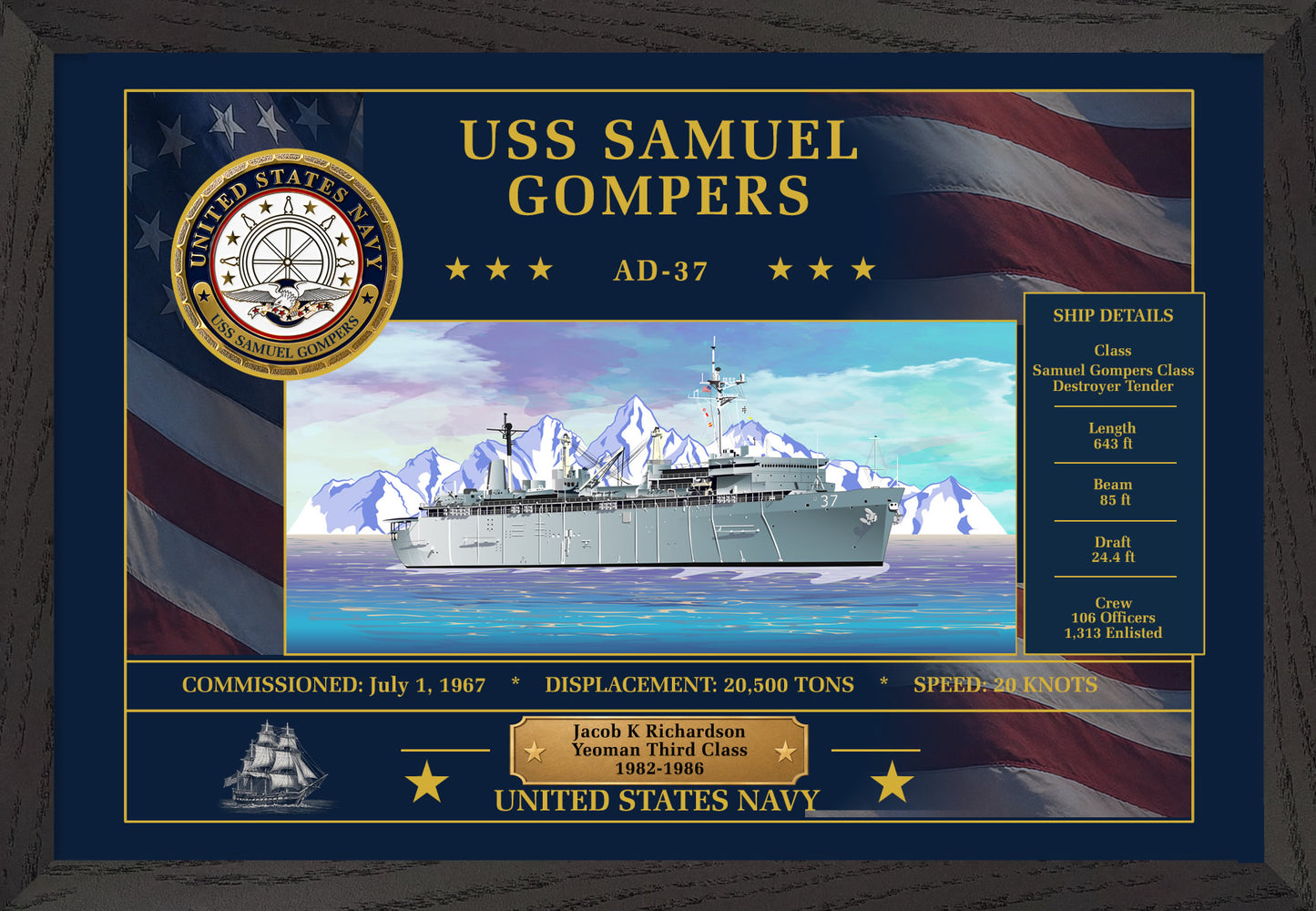 USS Samuel Gompers AD-37 Framed Patriotic Art