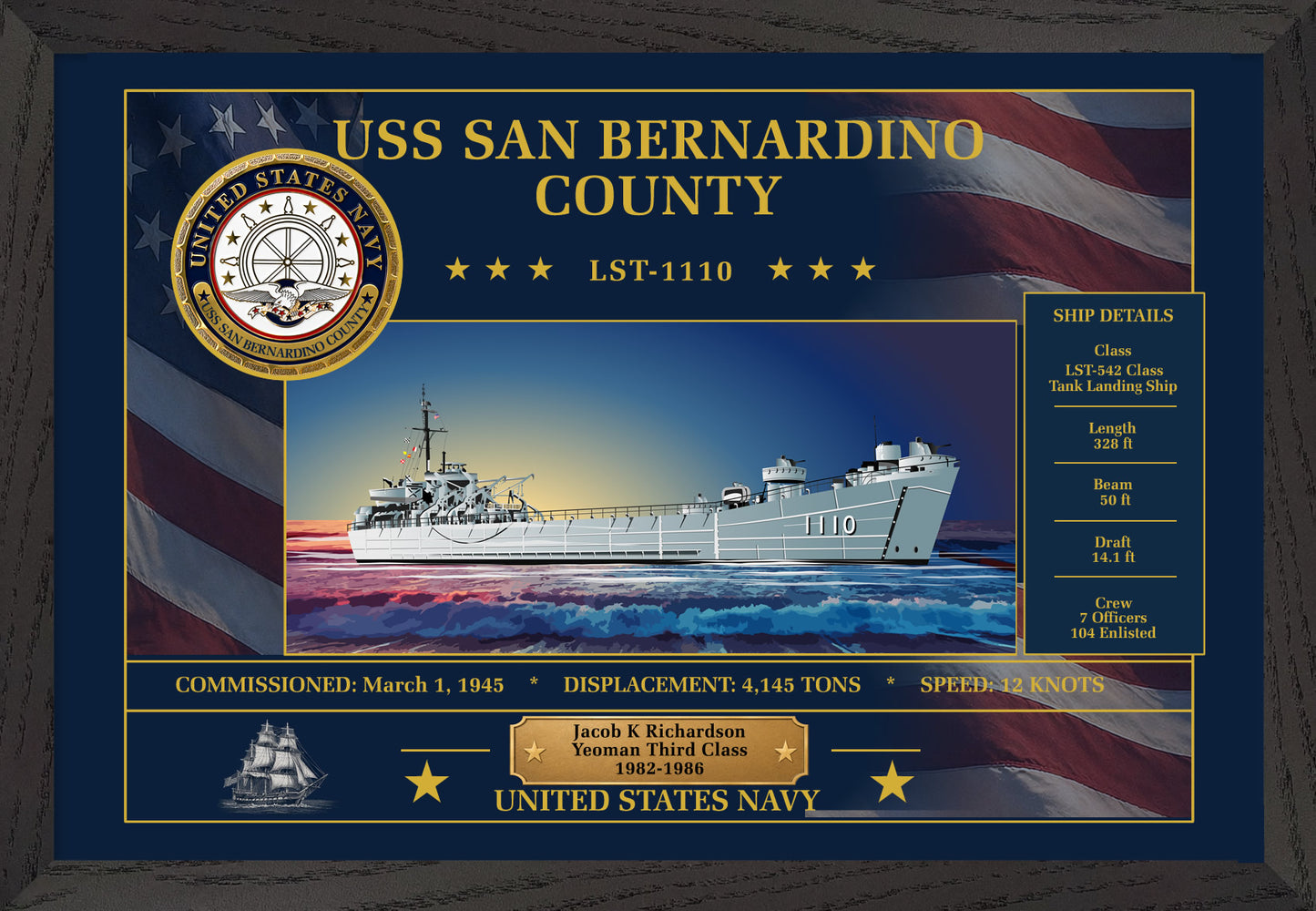 USS San Bernardino County LST-1110 Framed Patriotic Art
