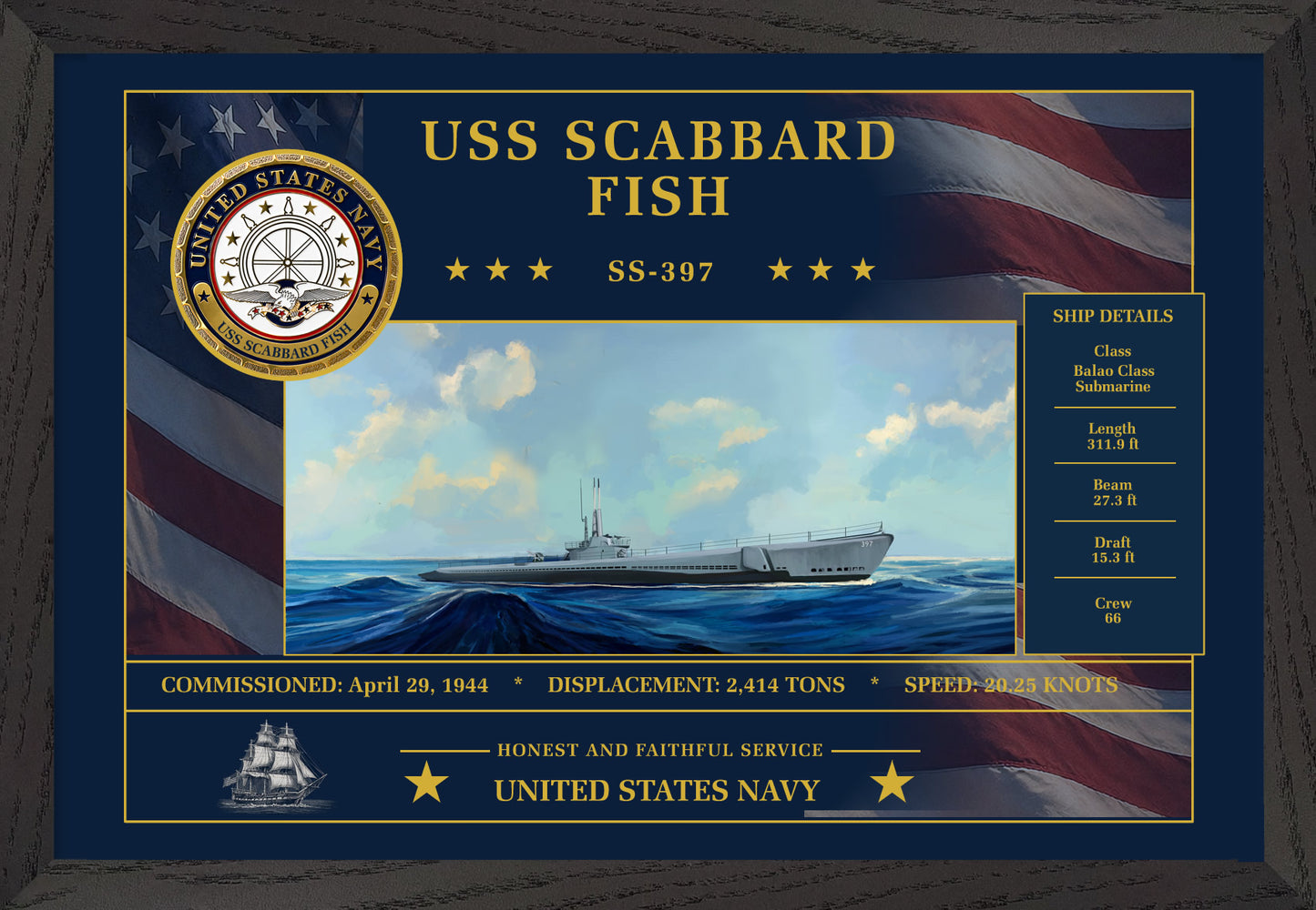 USS Scabbard Fish SS-397 Framed Patriotic Art