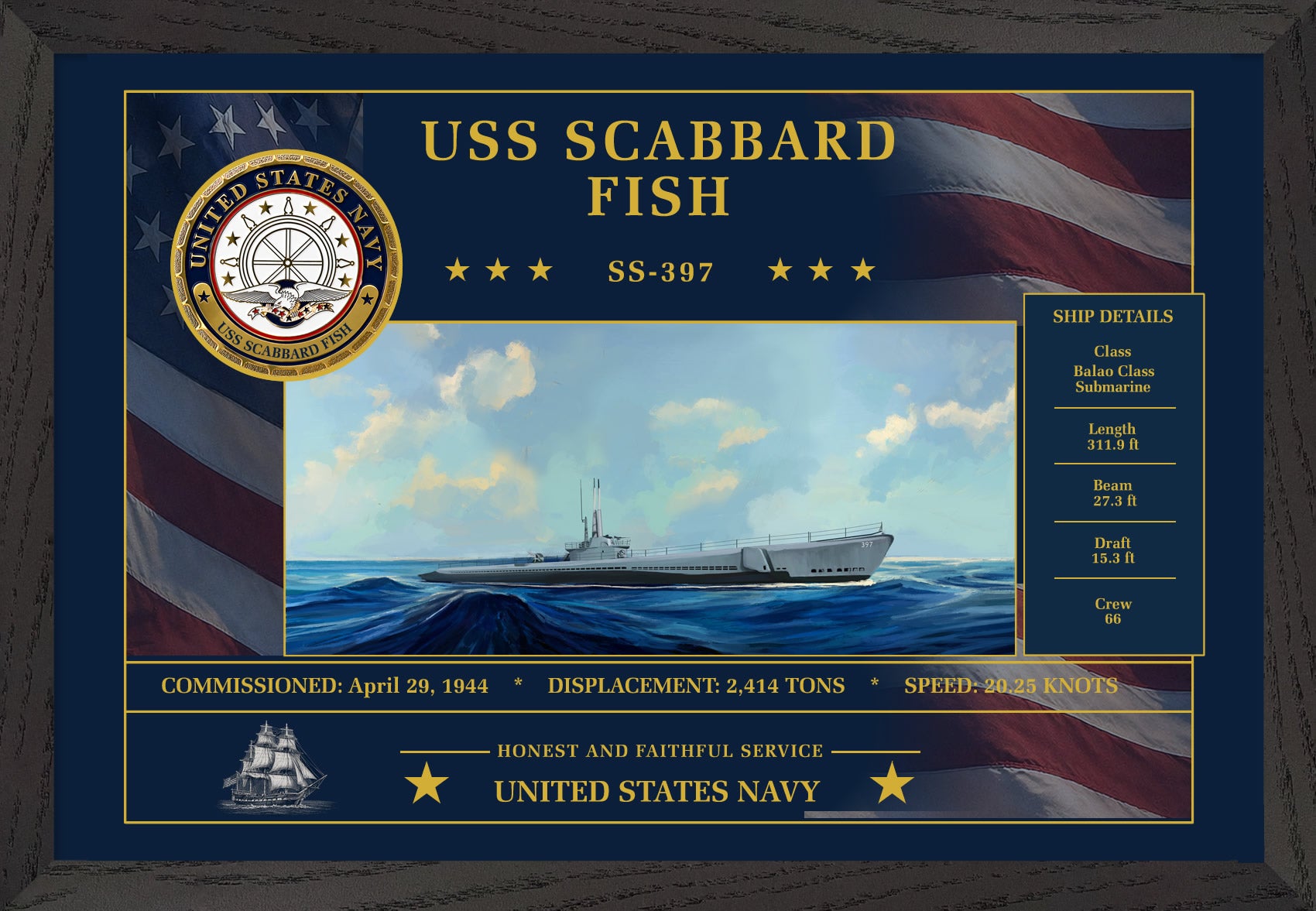USS Scabbard Fish SS-397 Framed Patriotic Art