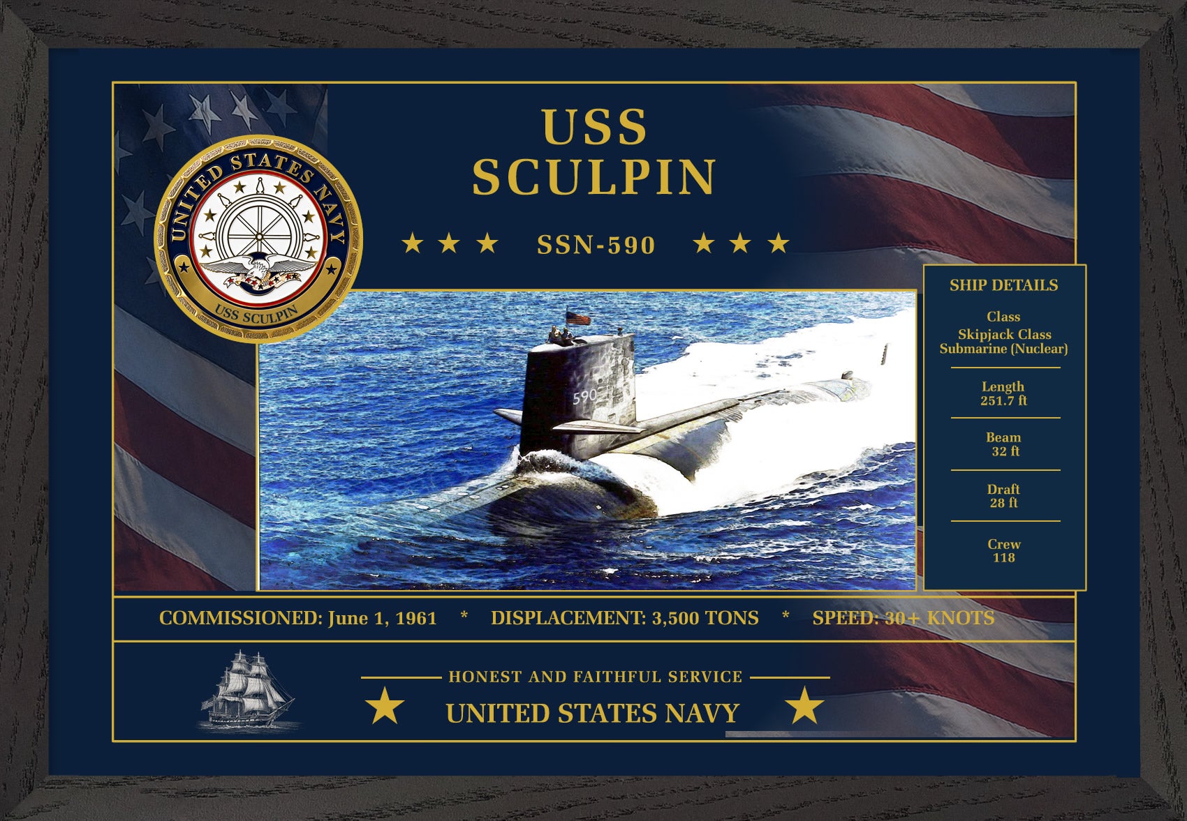 USS Sculpin SSN-590 Framed Patriotic Art