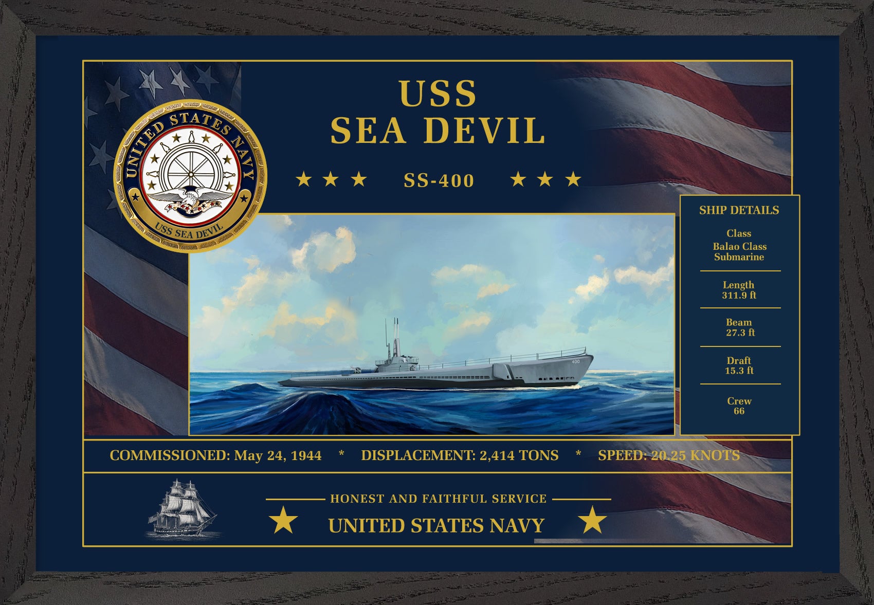 USS Sea Devil SS-400 Framed Patriotic Art