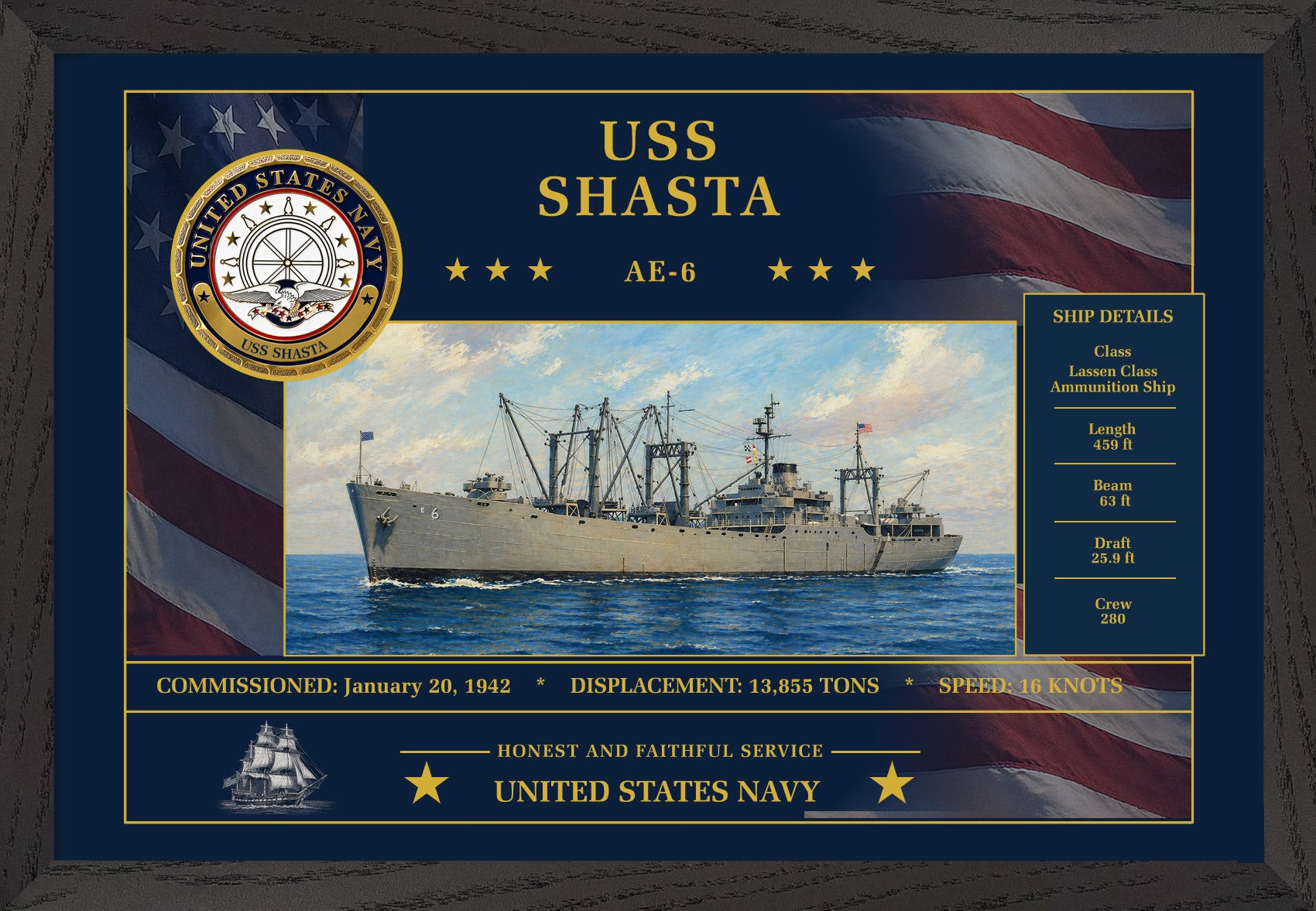 USS Shasta AE-6 Framed Patriotic Art
