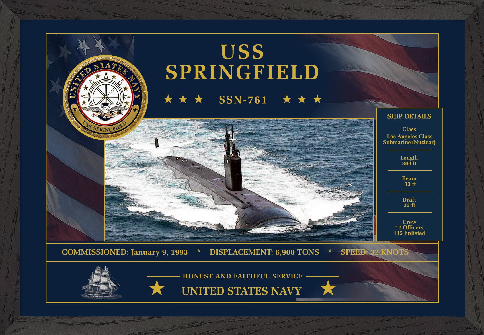 USS Springfield SSN-761 Framed Patriotic Art
