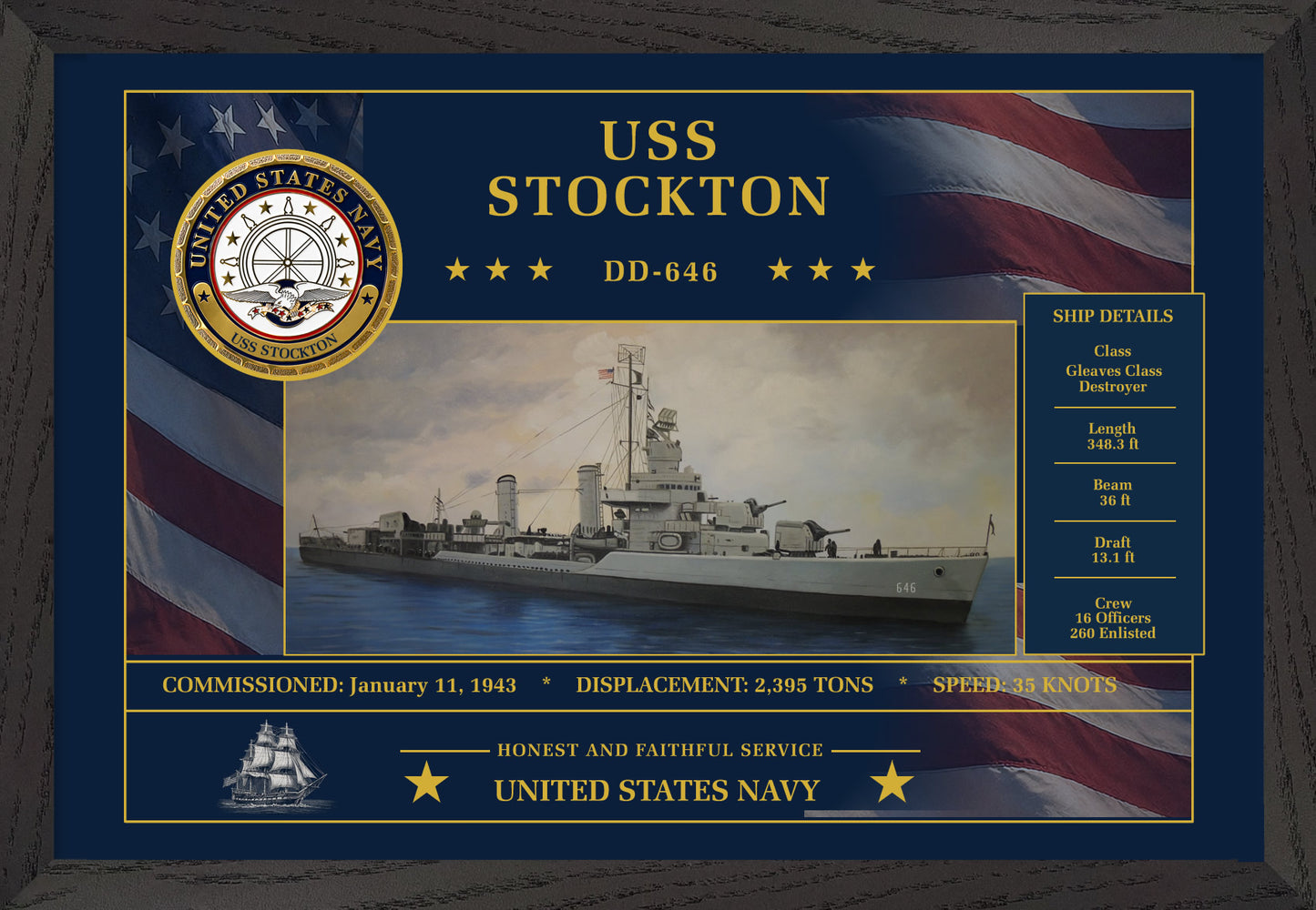 USS Stockton DD-646 Framed Patriotic Art