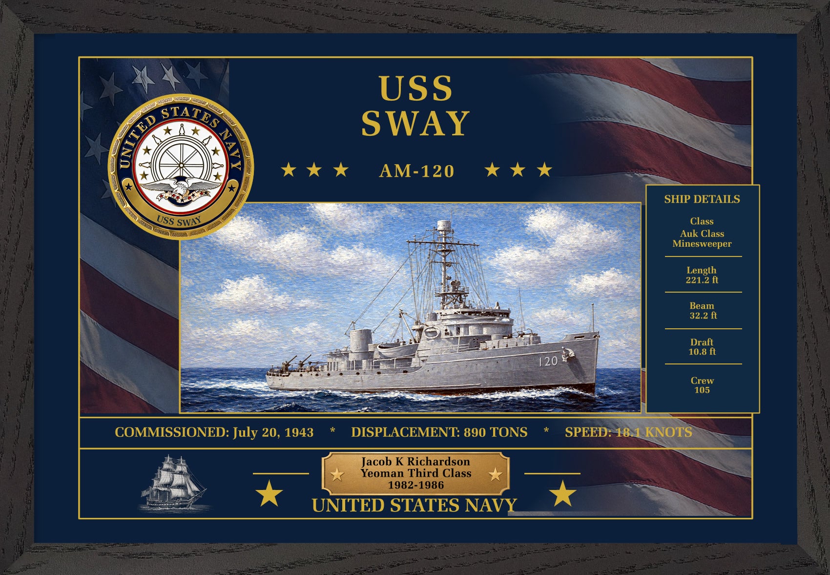 USS Sway AM-120 Framed Patriotic Art