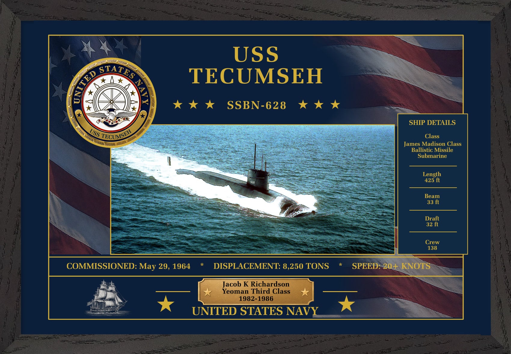 USS Tecumseh SSBN-628 Framed Patriotic Art