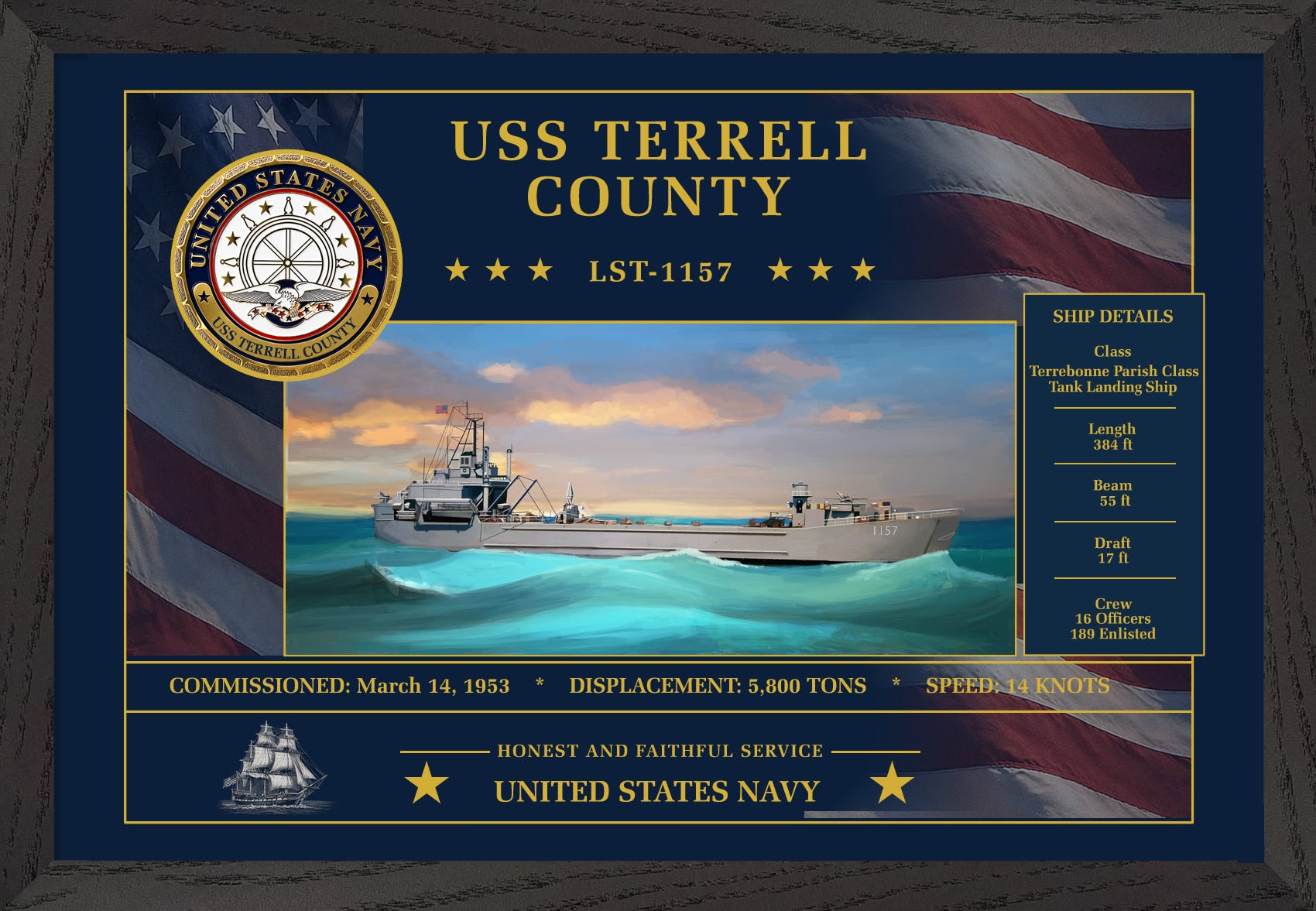 USS Terrell County LST-1157 Framed Patriotic Art