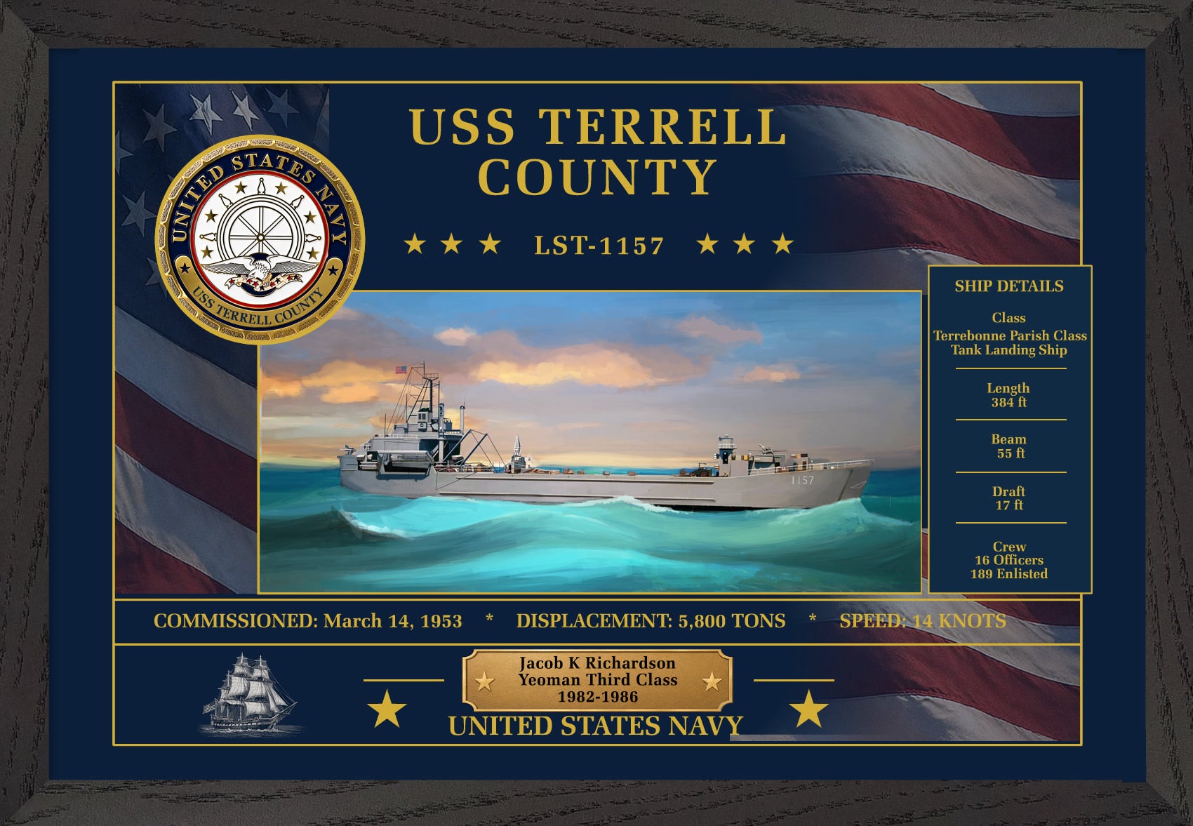 USS Terrell County LST-1157 Framed Patriotic Art