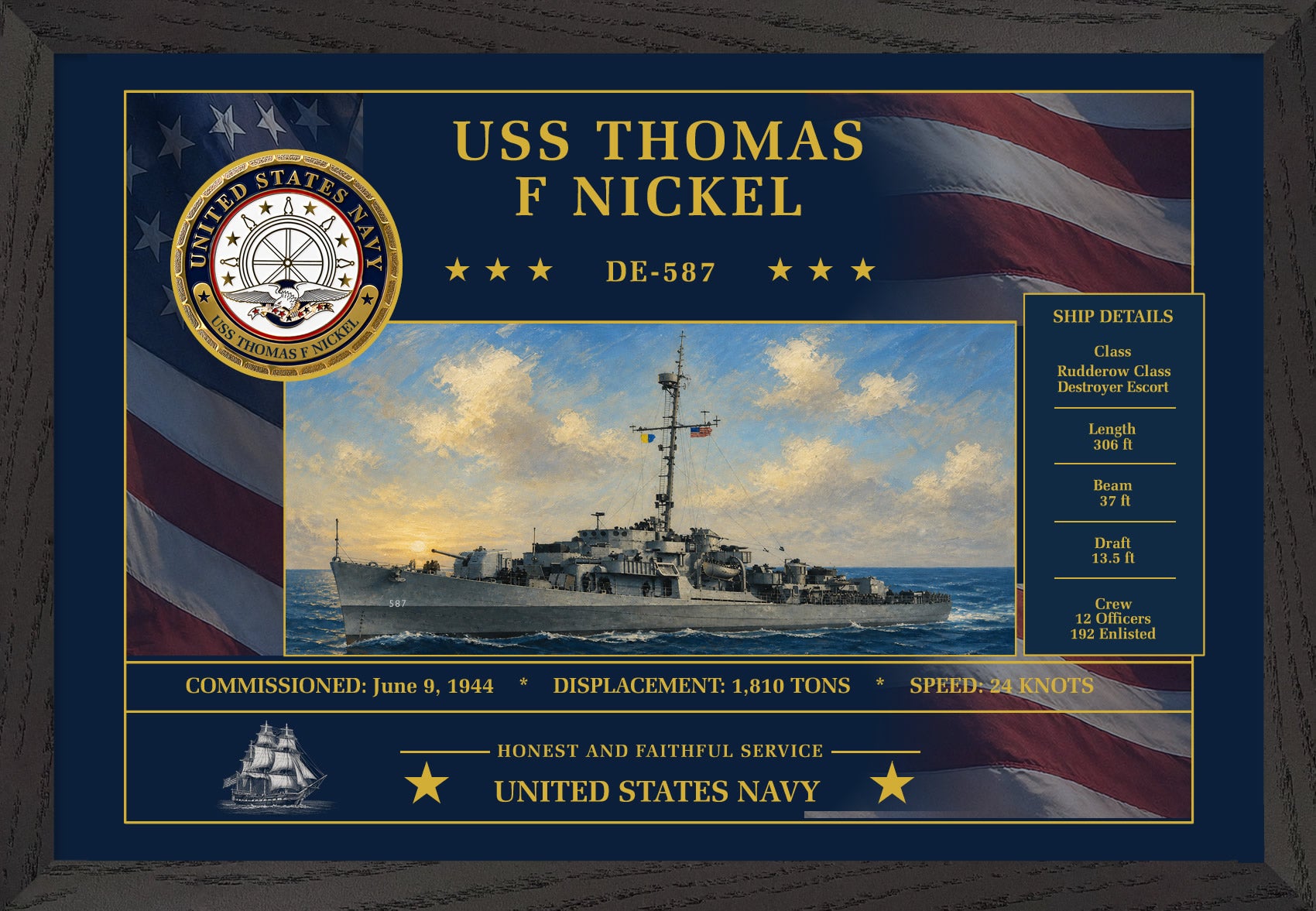 USS Thomas F Nickel DE-587 Framed Patriotic Art