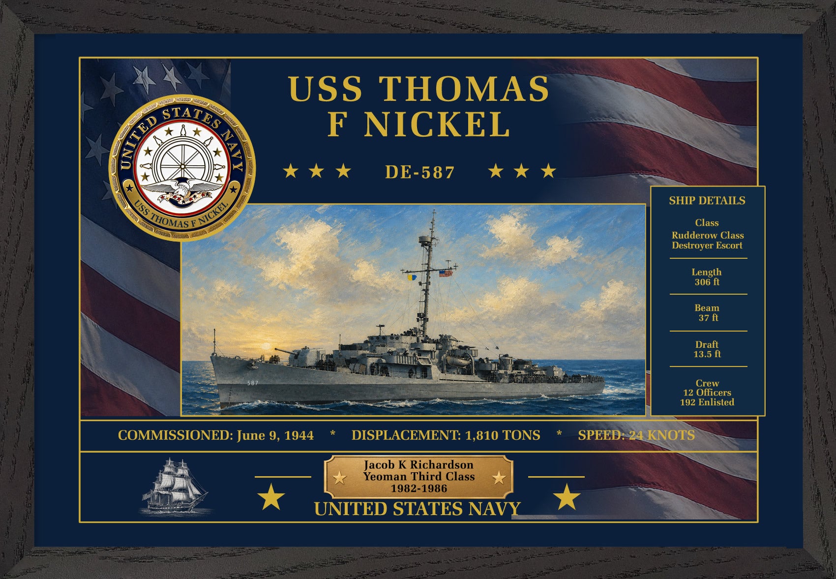 USS Thomas F Nickel DE-587 Framed Patriotic Art