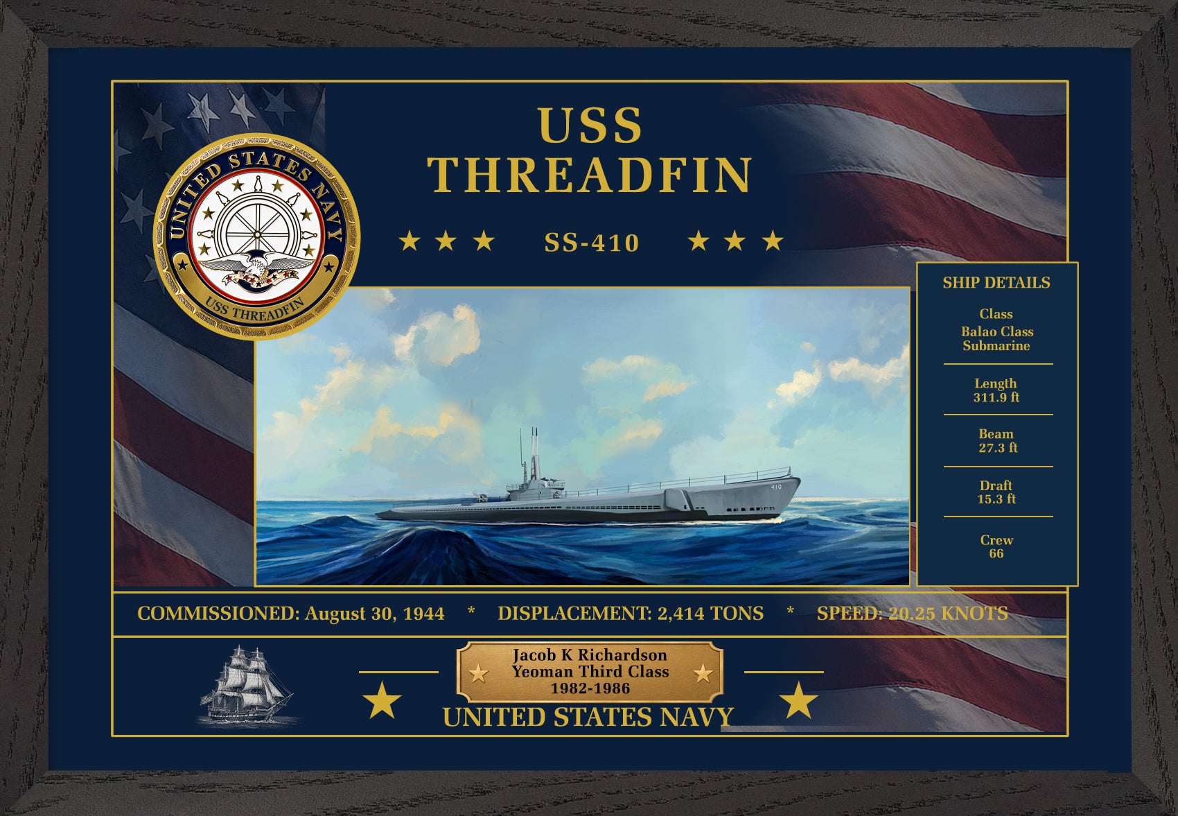 USS Threadfin SS-410 Framed Patriotic Art