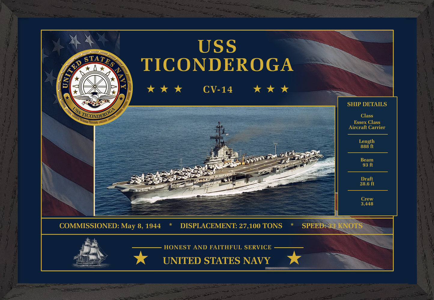 USS Ticonderoga CV-14 Framed Patriotic Art