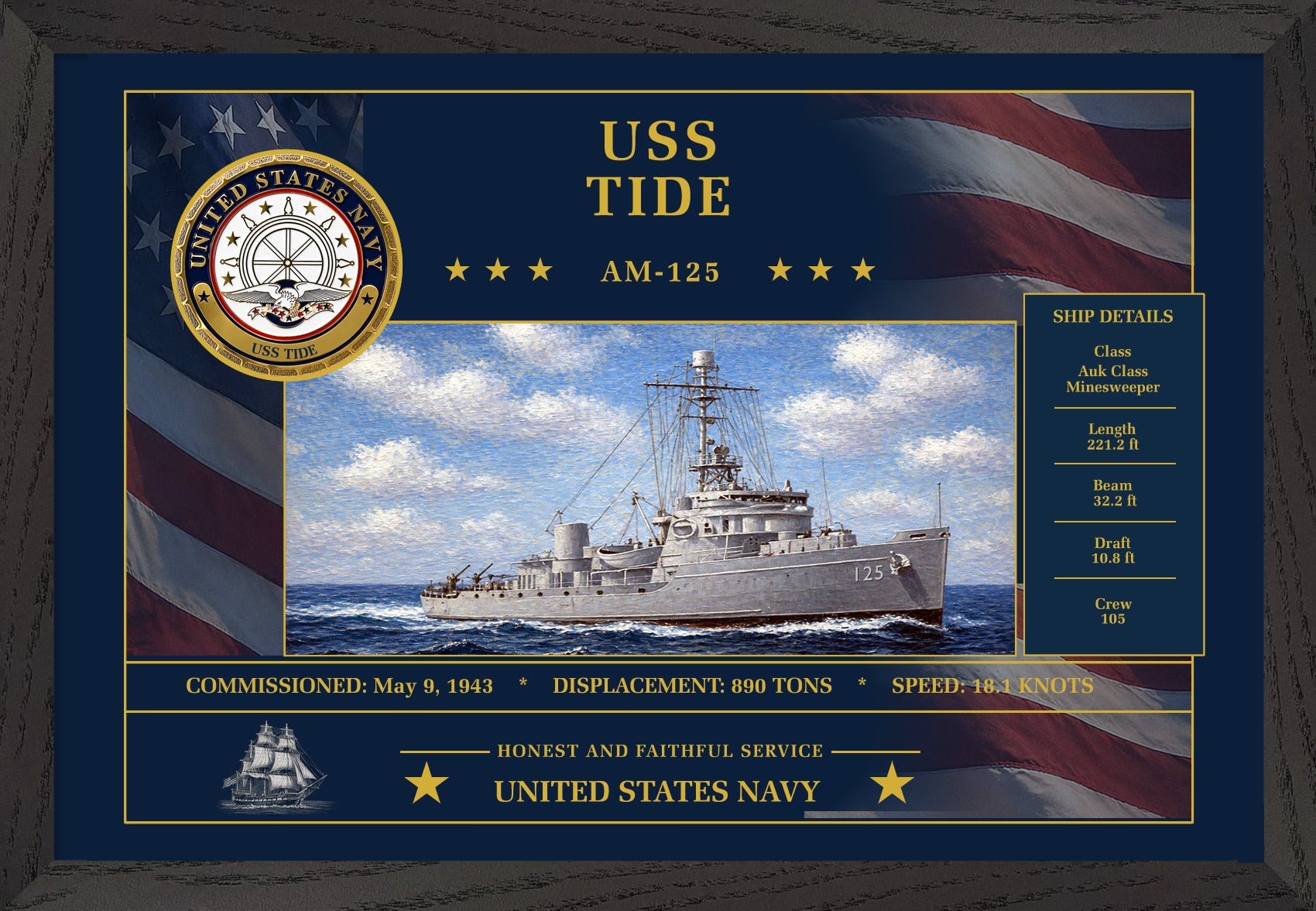 USS Tide AM-125 Framed Patriotic Art