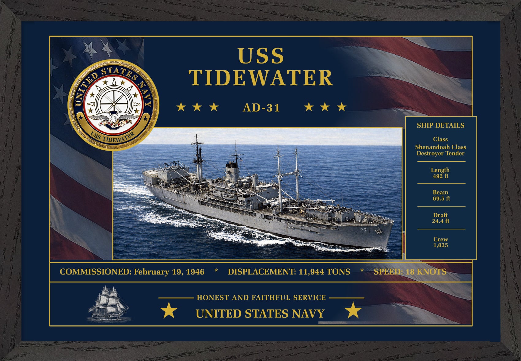 USS Tidewater AD-31 Framed Patriotic Art