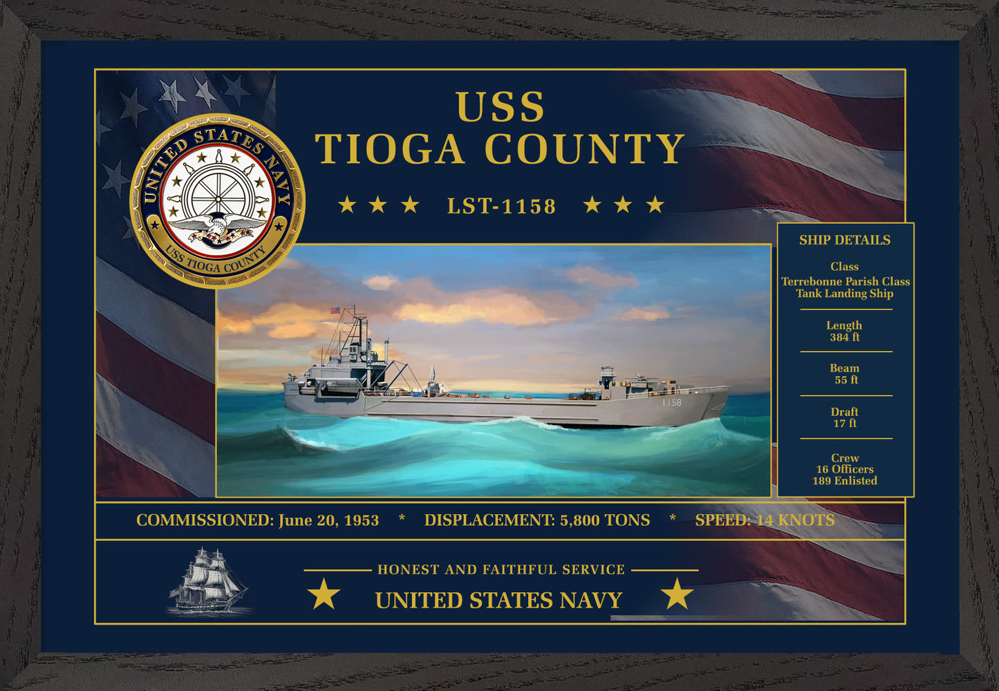 USS Tioga County LST-1158 Framed Patriotic Art