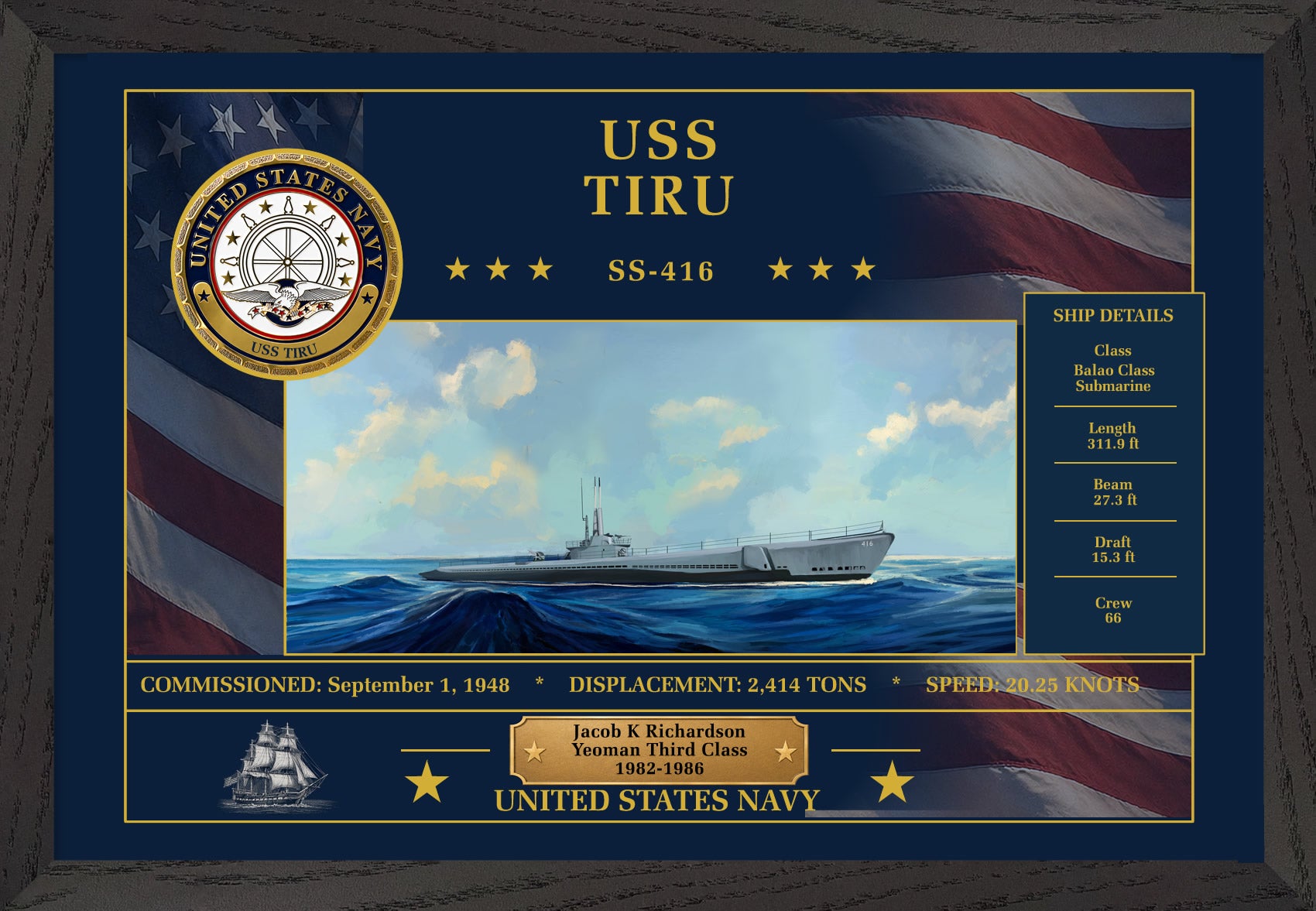 USS Tiru SS-416 Framed Patriotic Art