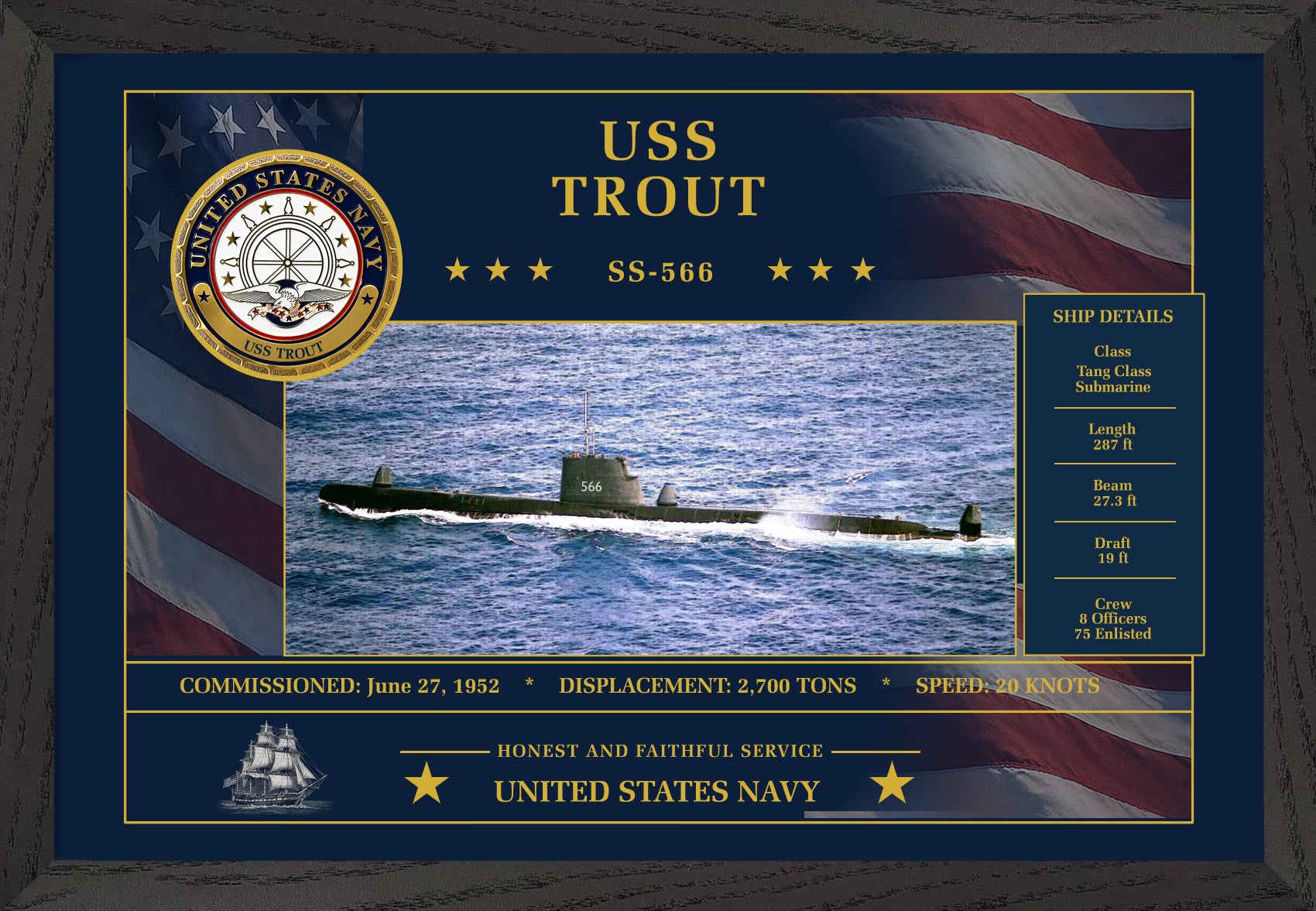 USS Trout SS-566 Framed Patriotic Art