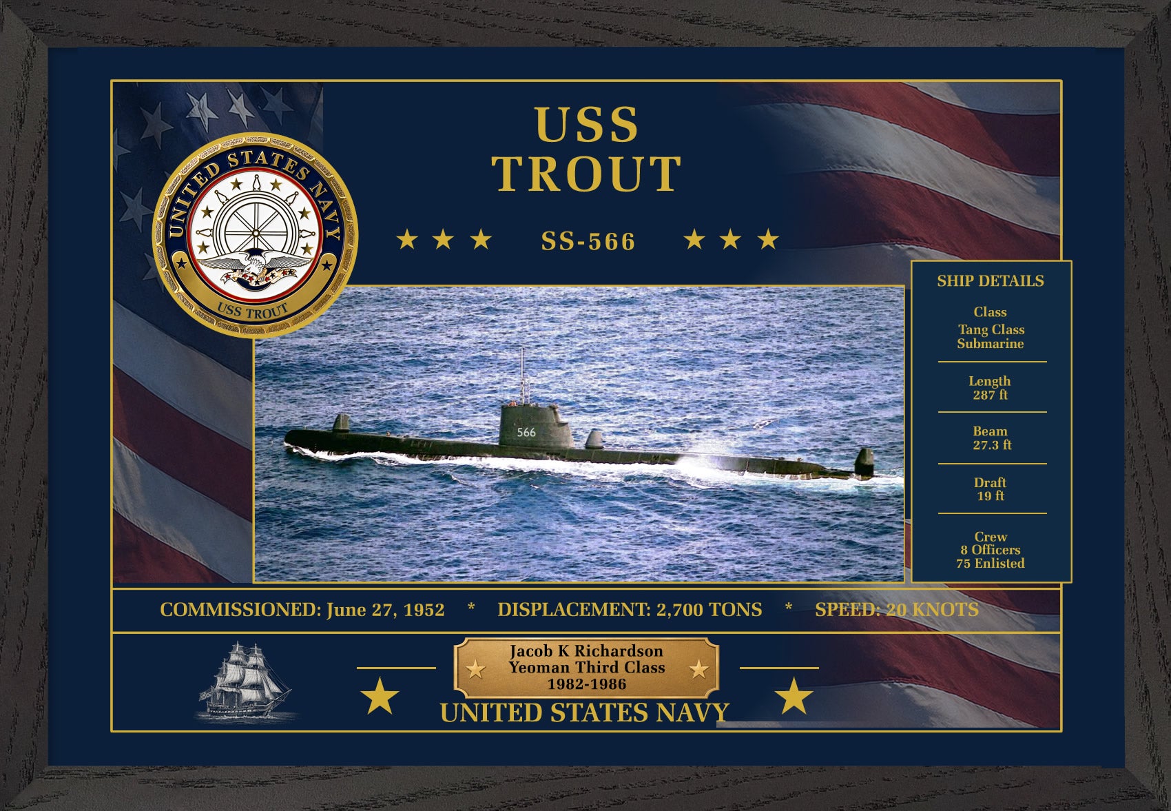 USS Trout SS-566 Framed Patriotic Art