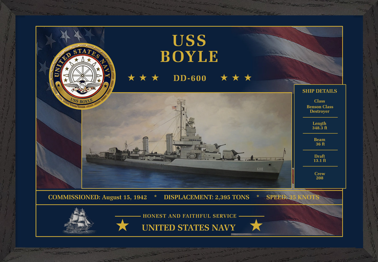 USS Boyle DD-600 Framed Patriotic Art