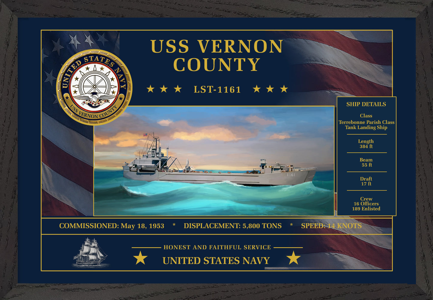 USS Vernon County LST-1161 Framed Patriotic Art