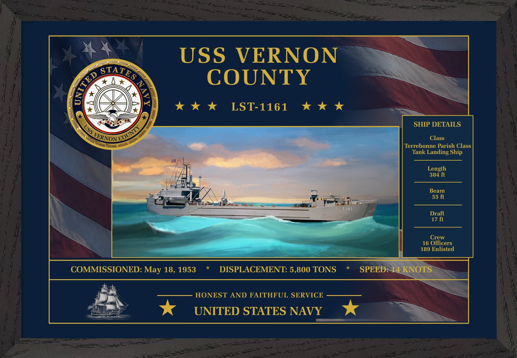 USS Vernon County LST-1161 Framed Patriotic Art