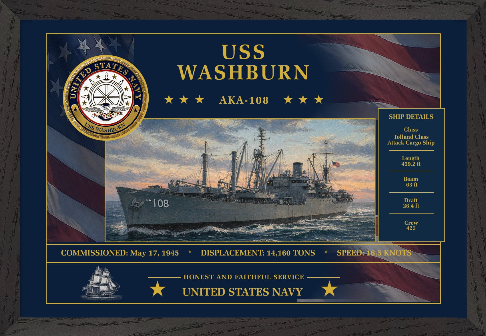 USS Washburn AKA-108 Framed Patriotic Art