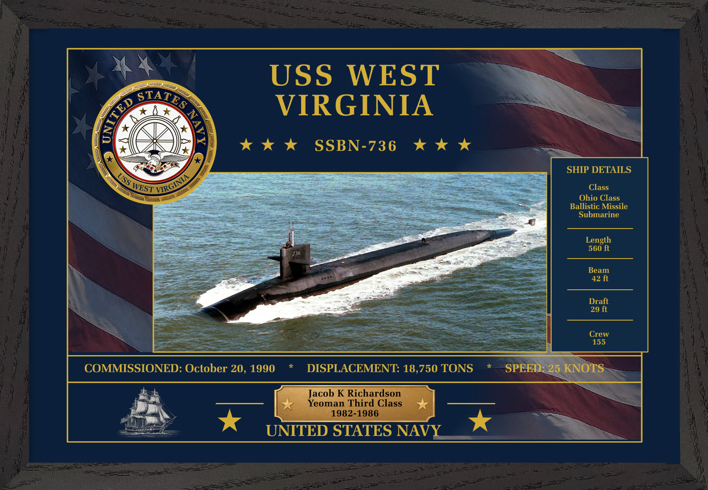 USS West Virginia SSBN-736 Framed Patriotic Art