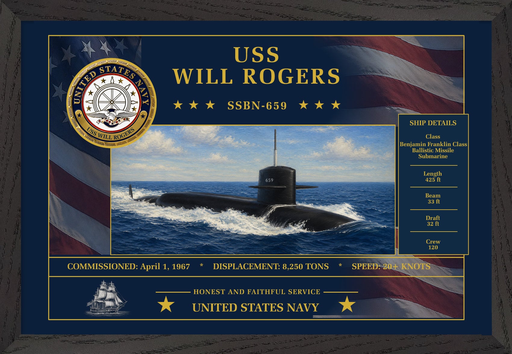 USS Will Rogers SSBN-659 Framed Patriotic Art