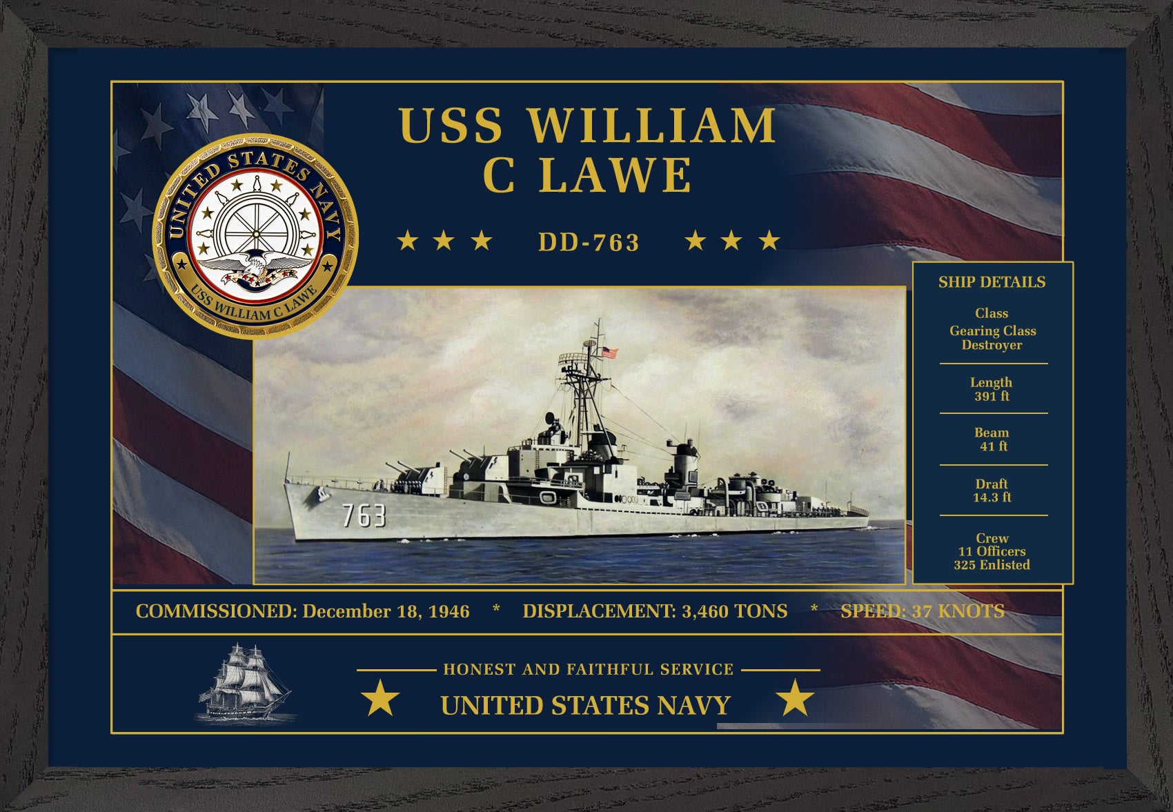 USS William C Lawe DD-763 Framed Patriotic Art