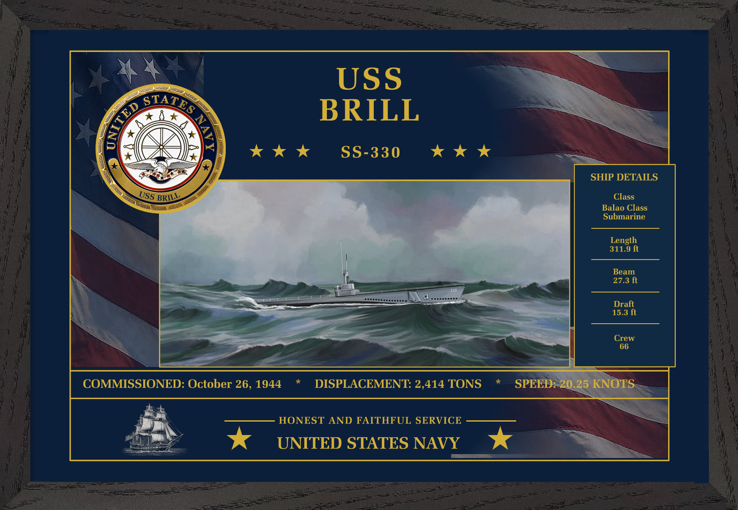 USS Brill SS-330 Framed Patriotic Art