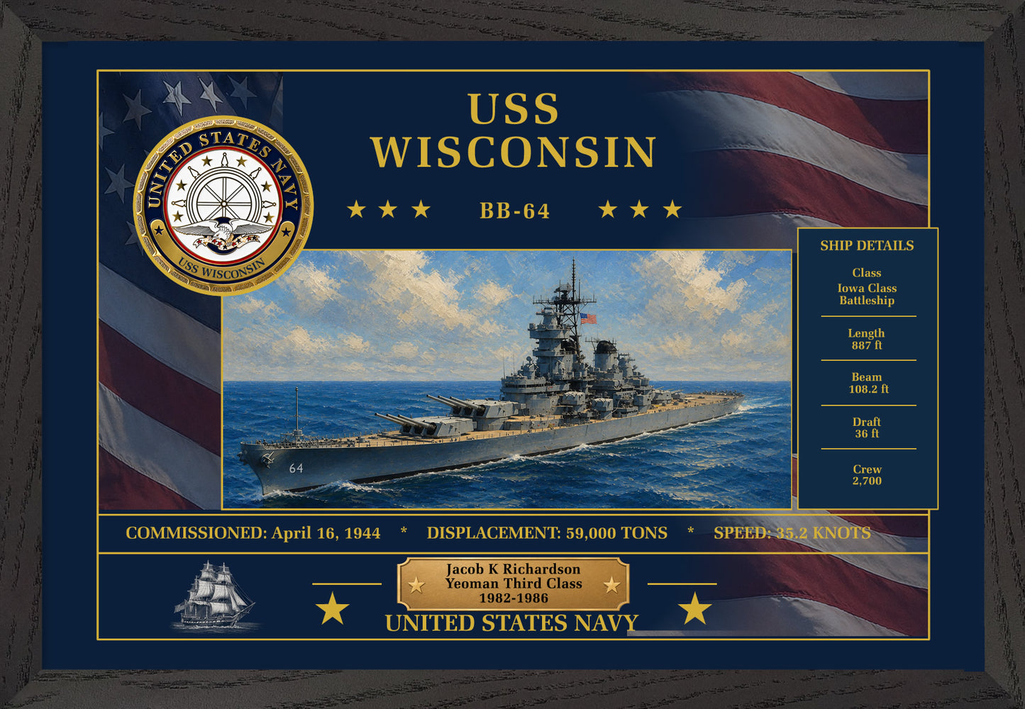 USS Wisconsin BB-64 Framed Patriotic Art
