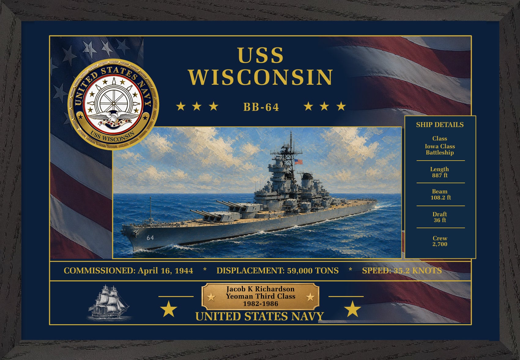 USS Wisconsin BB-64 Framed Patriotic Art
