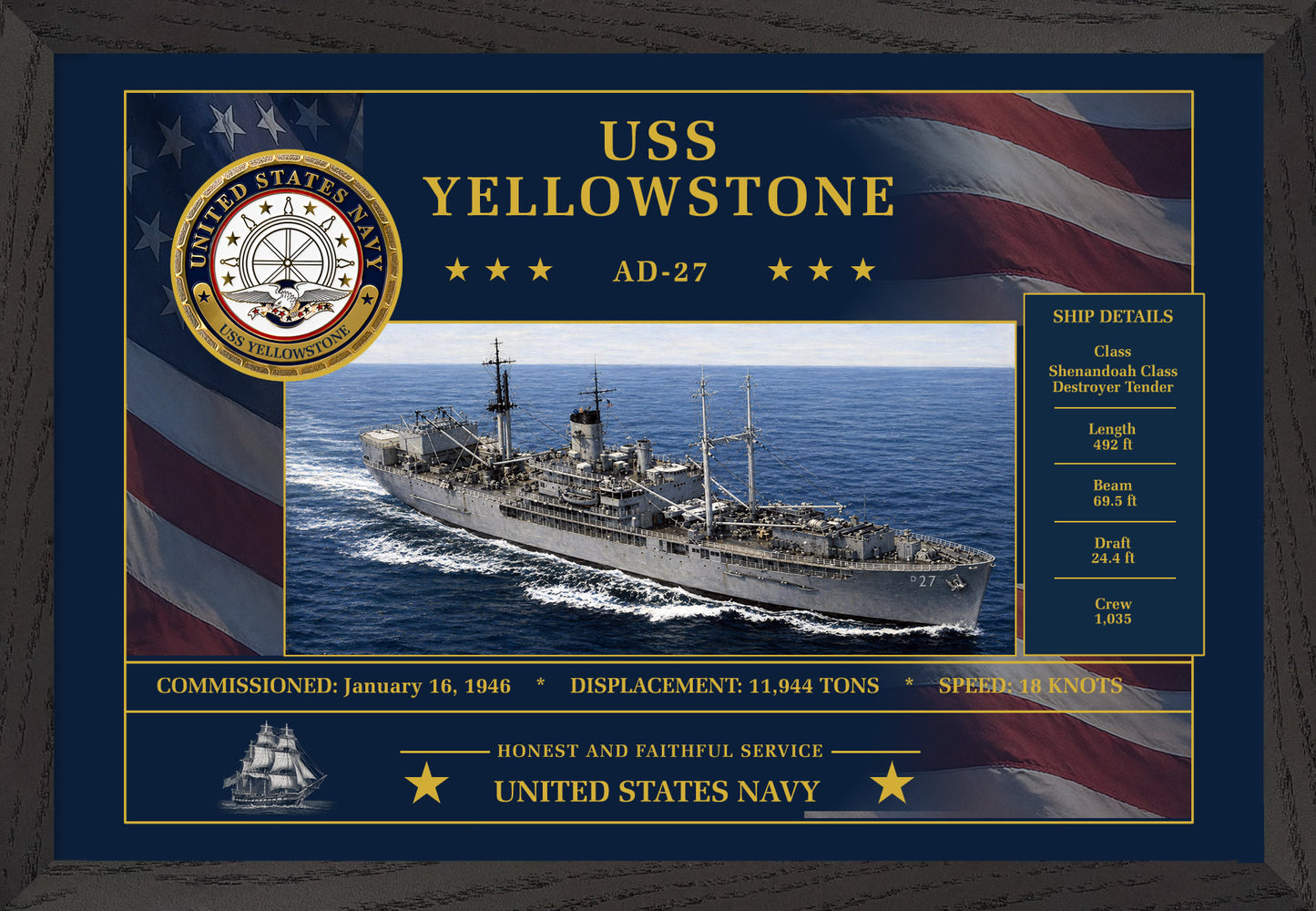 USS Yellowstone AD-27 Framed Patriotic Art