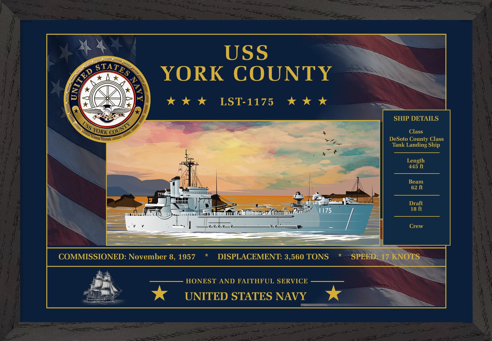 USS York County LST-1175 Framed Patriotic Art