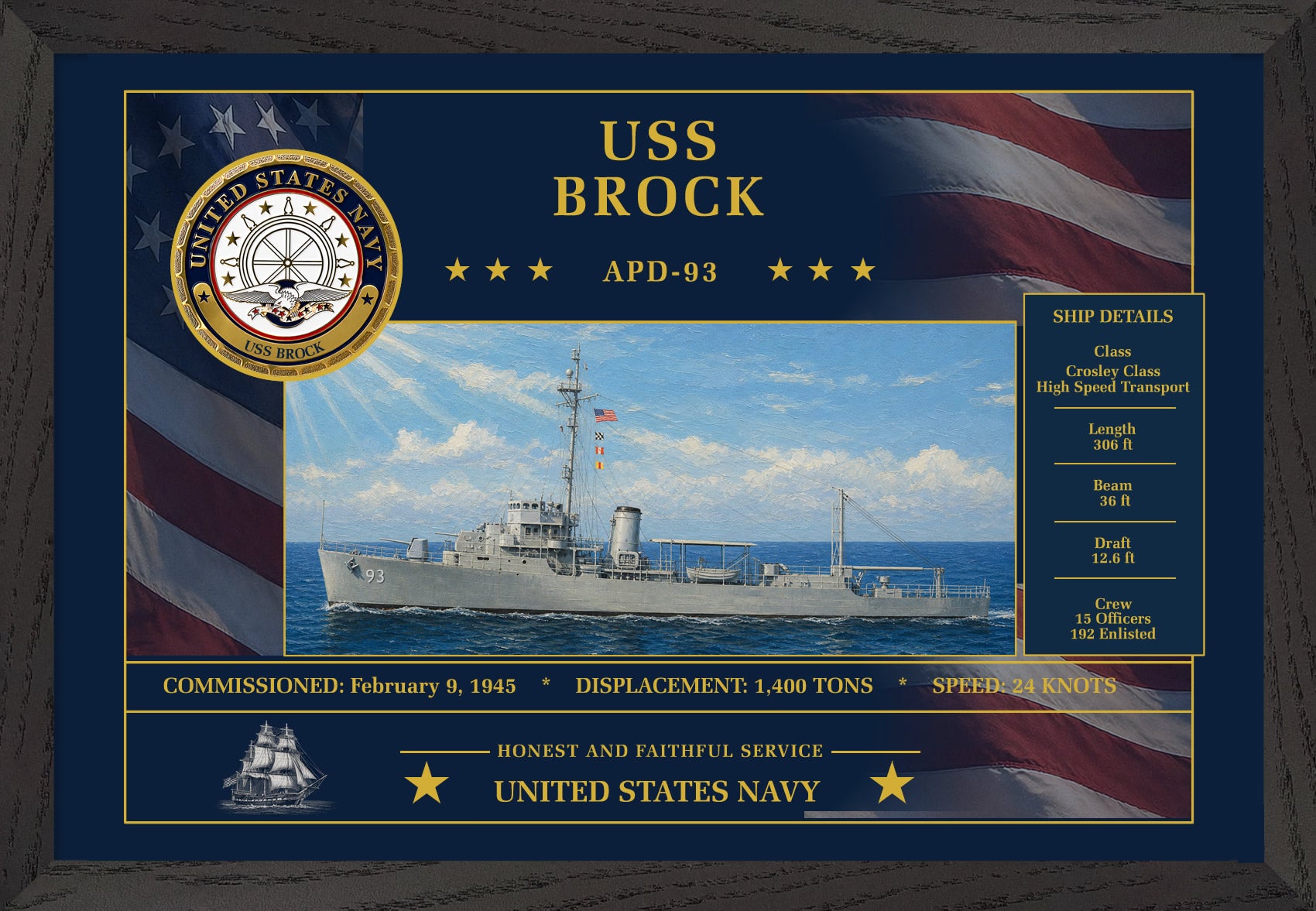 USS Brock APD-93 Framed Patriotic Art