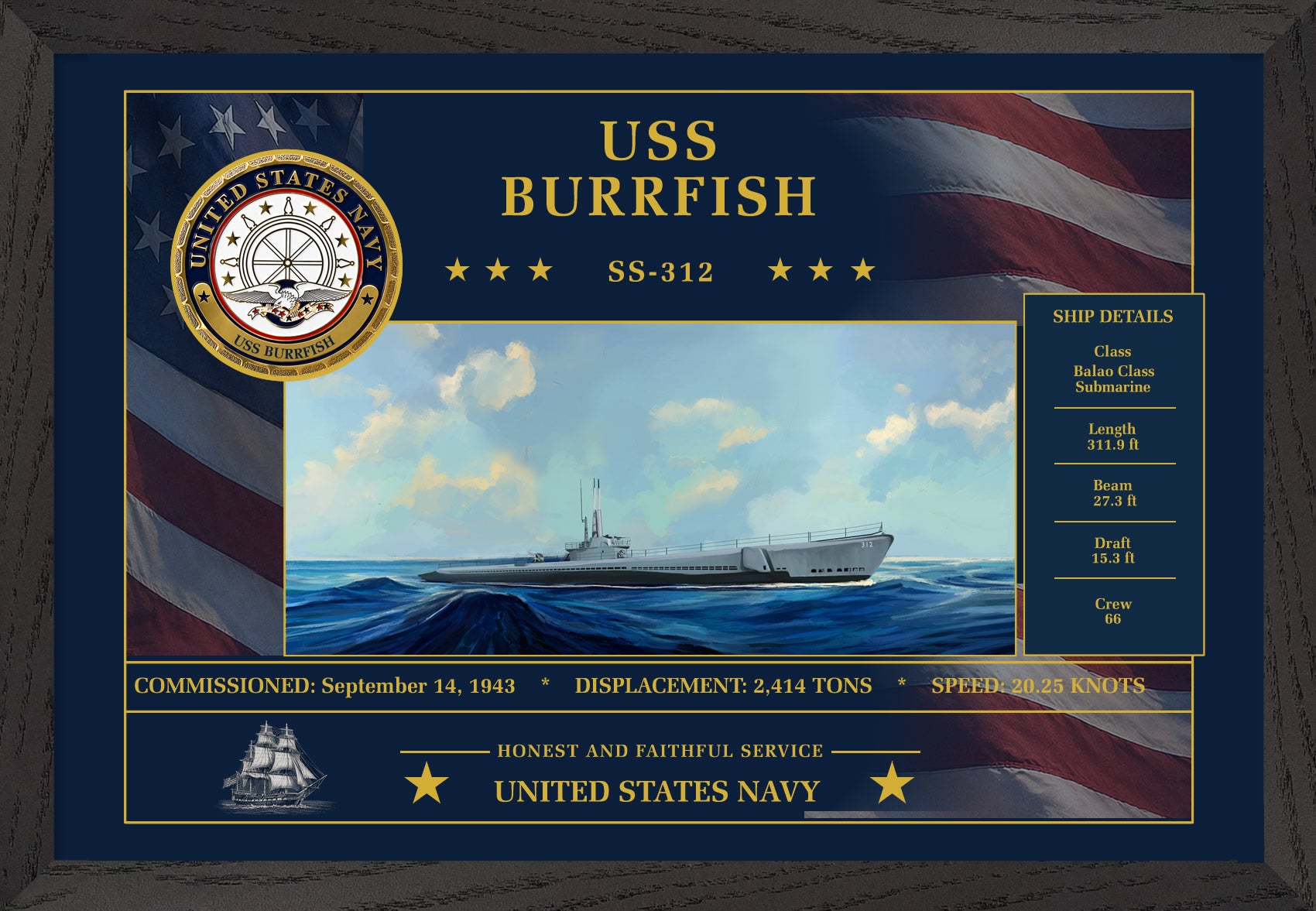 USS Burrfish SS-312 Framed Patriotic Art