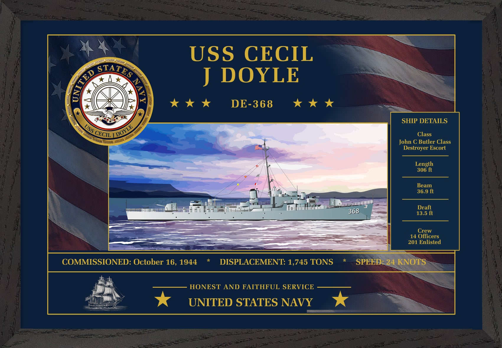 USS Cecil J Doyle DE-368 Framed Patriotic Art
