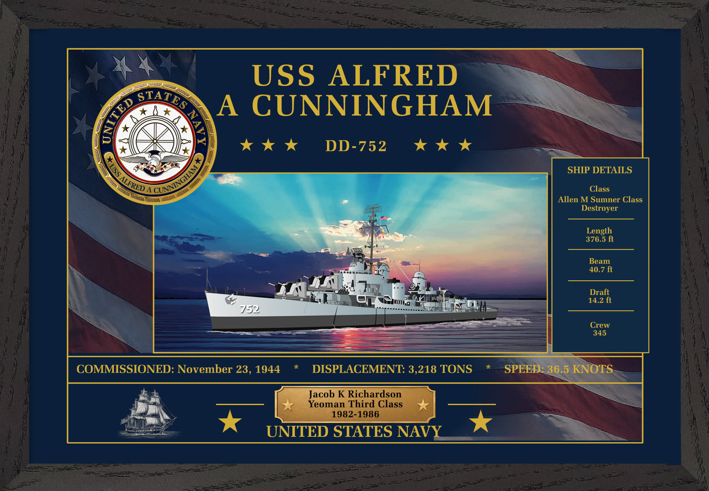 USS Alfred A Cunningham DD-752 Framed Patriotic Art