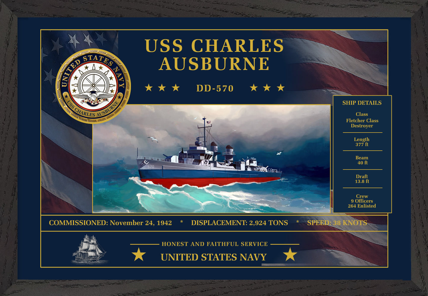 USS Charles Ausburne DD-570 Framed Patriotic Art
