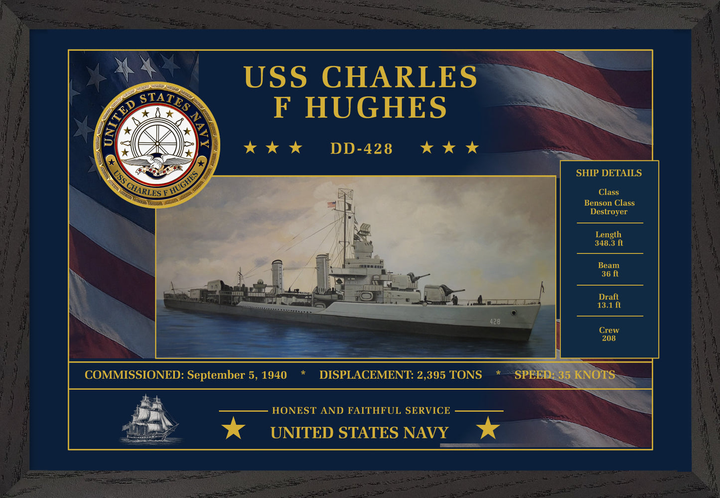 USS Charles F Hughes DD-428 Framed Patriotic Art