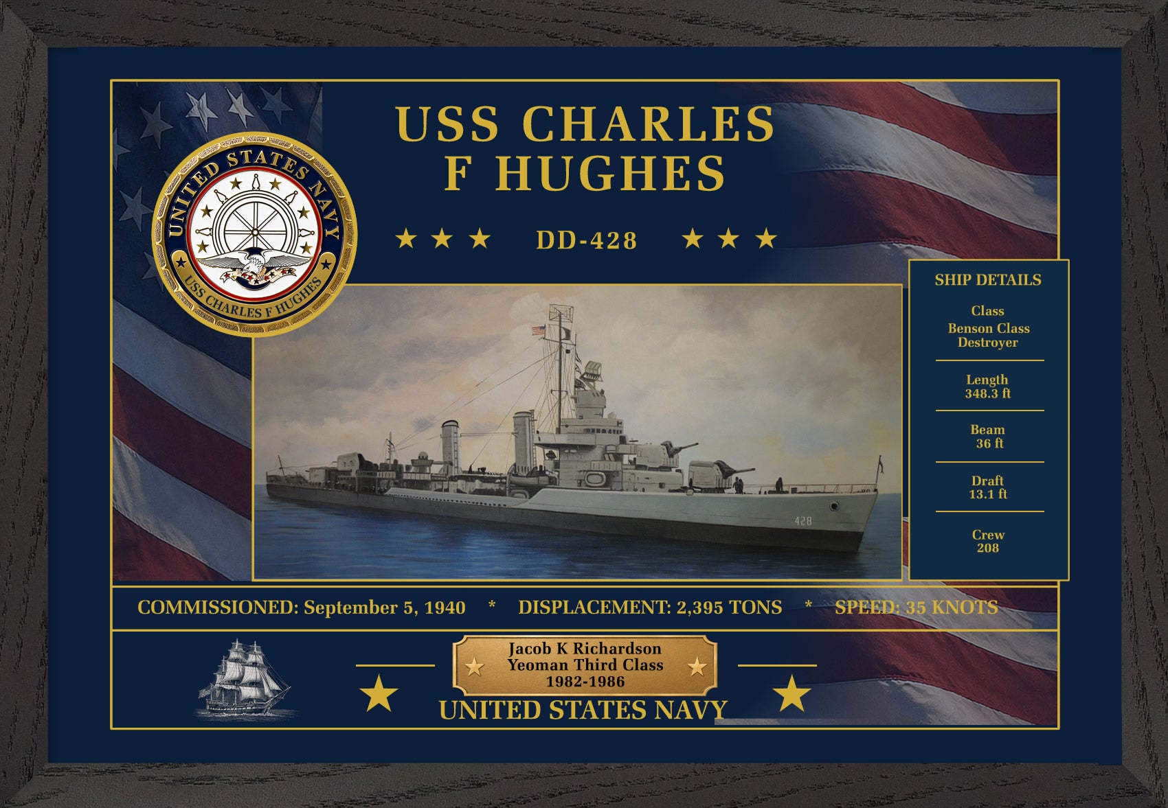 USS Charles F Hughes DD-428 Framed Patriotic Art