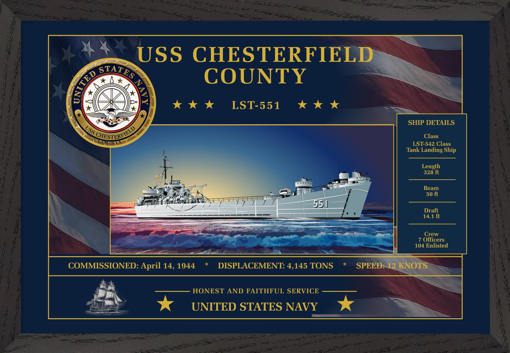 USS Chesterfield County LST-551 Framed Patriotic Art