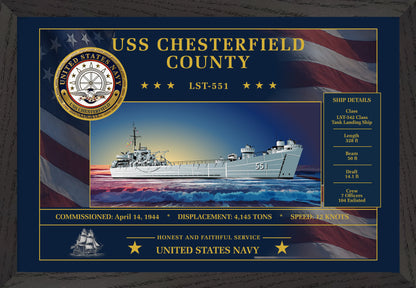 USS Chesterfield County LST-551 Framed Patriotic Art