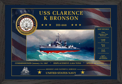 USS Clarence K Bronson DD-668 Framed Patriotic Art