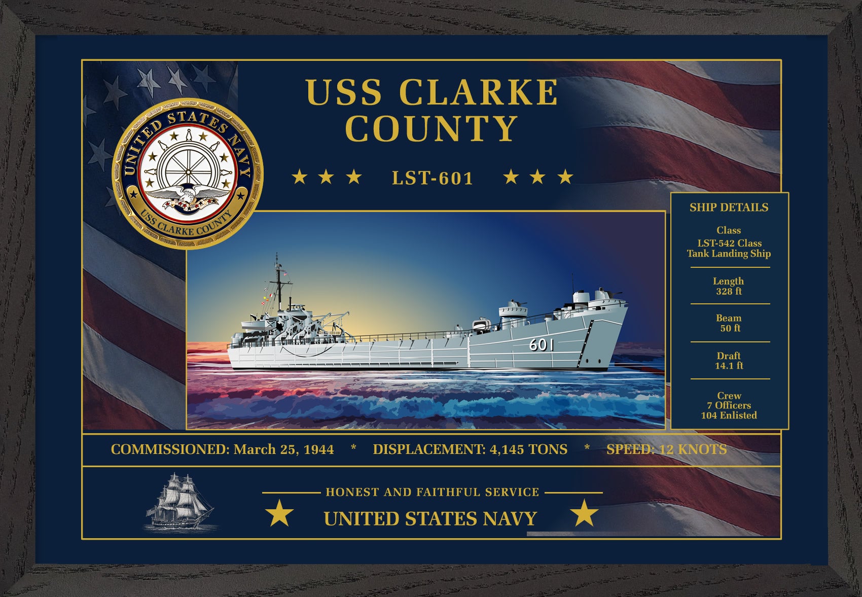 USS Clarke County LST-601 Framed Patriotic Art