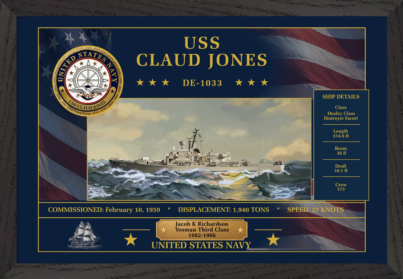 USS Claud Jones DE-1033 Framed Patriotic Art