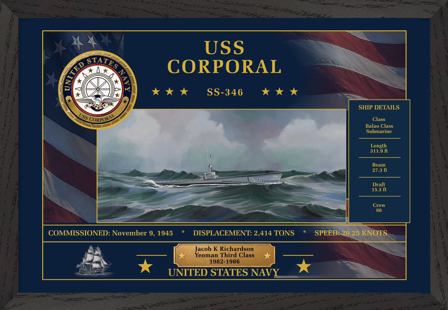 USS Corporal SS-346 Framed Patriotic Art