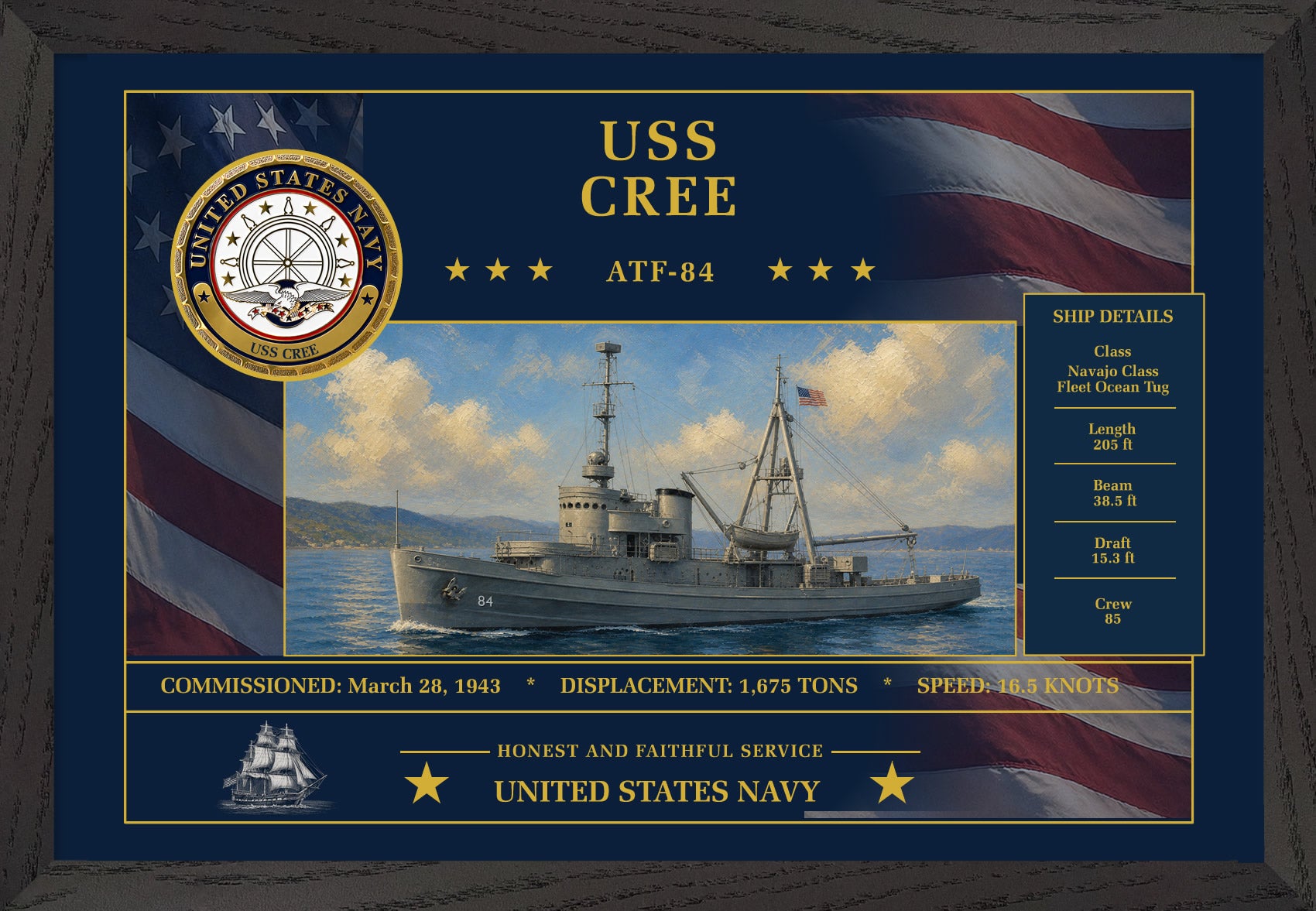 USS Cree ATF-84 Framed Patriotic Art