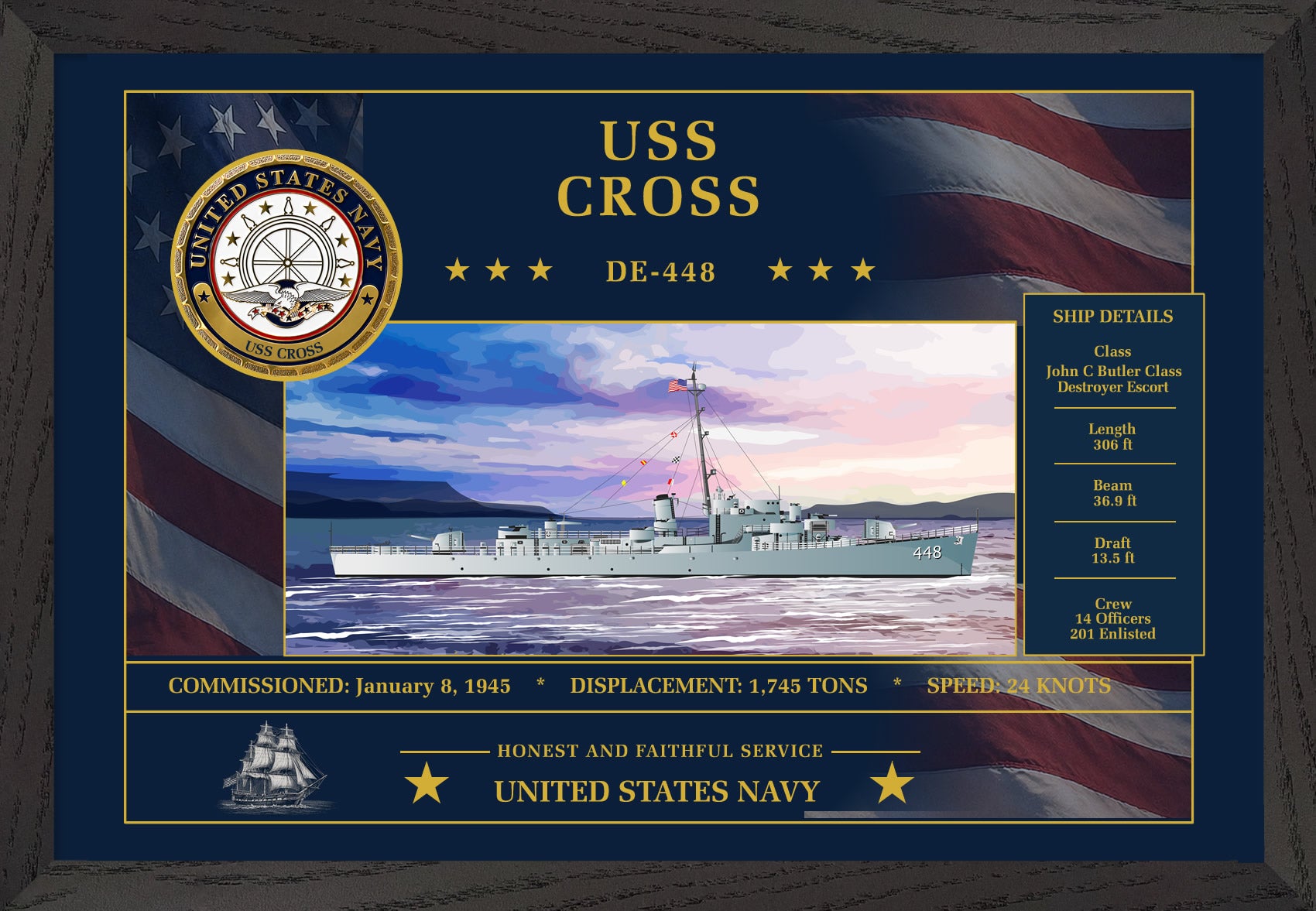 USS Cross DE-448 Framed Patriotic Art